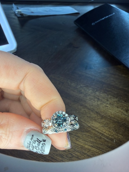 Jewelry - Custom White Gold, Blue Diamond Halo Engagement and Wedding Band - Women Jewelry